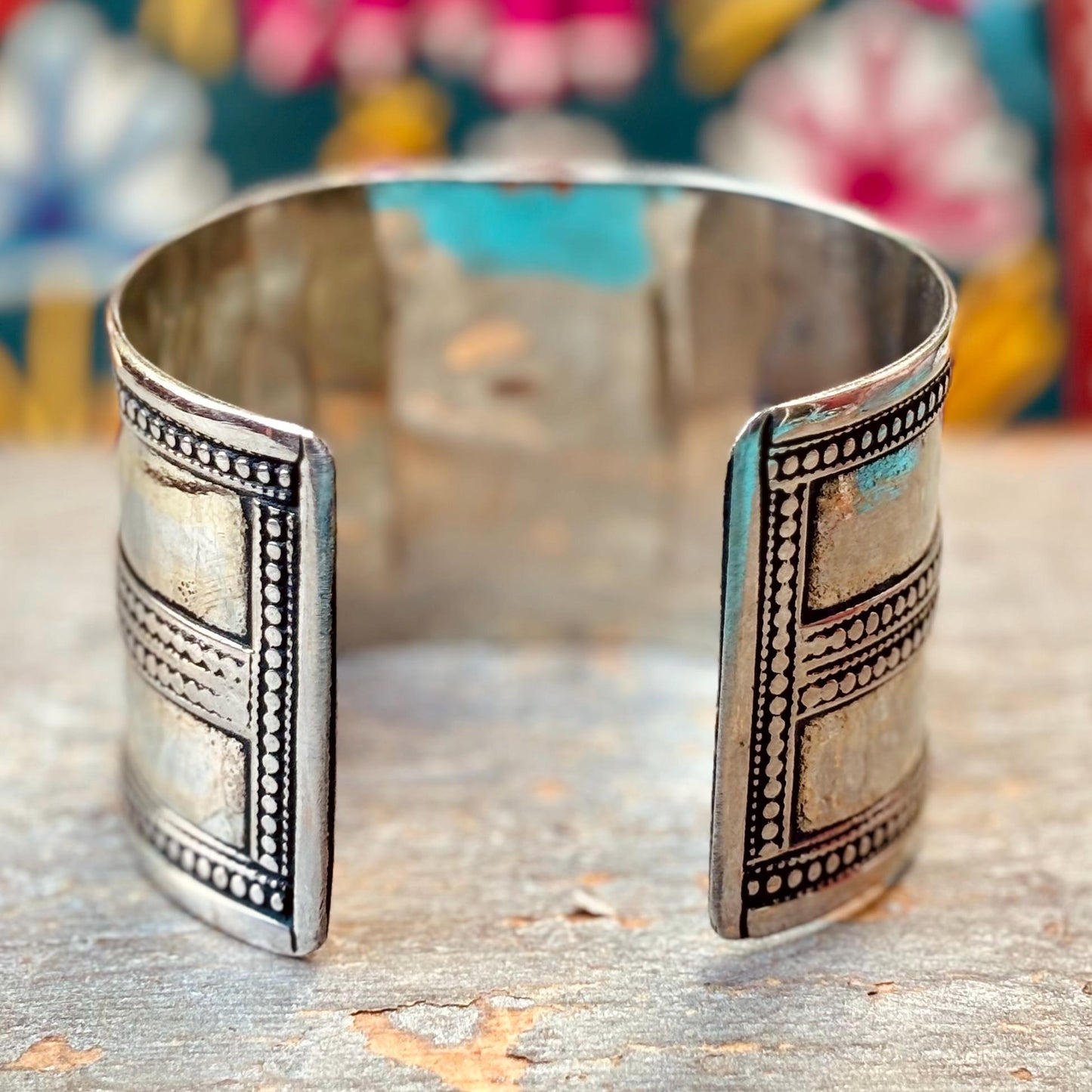 Bracelet manchette rigide agate boho - Bijou ethnique turkmène artisanal