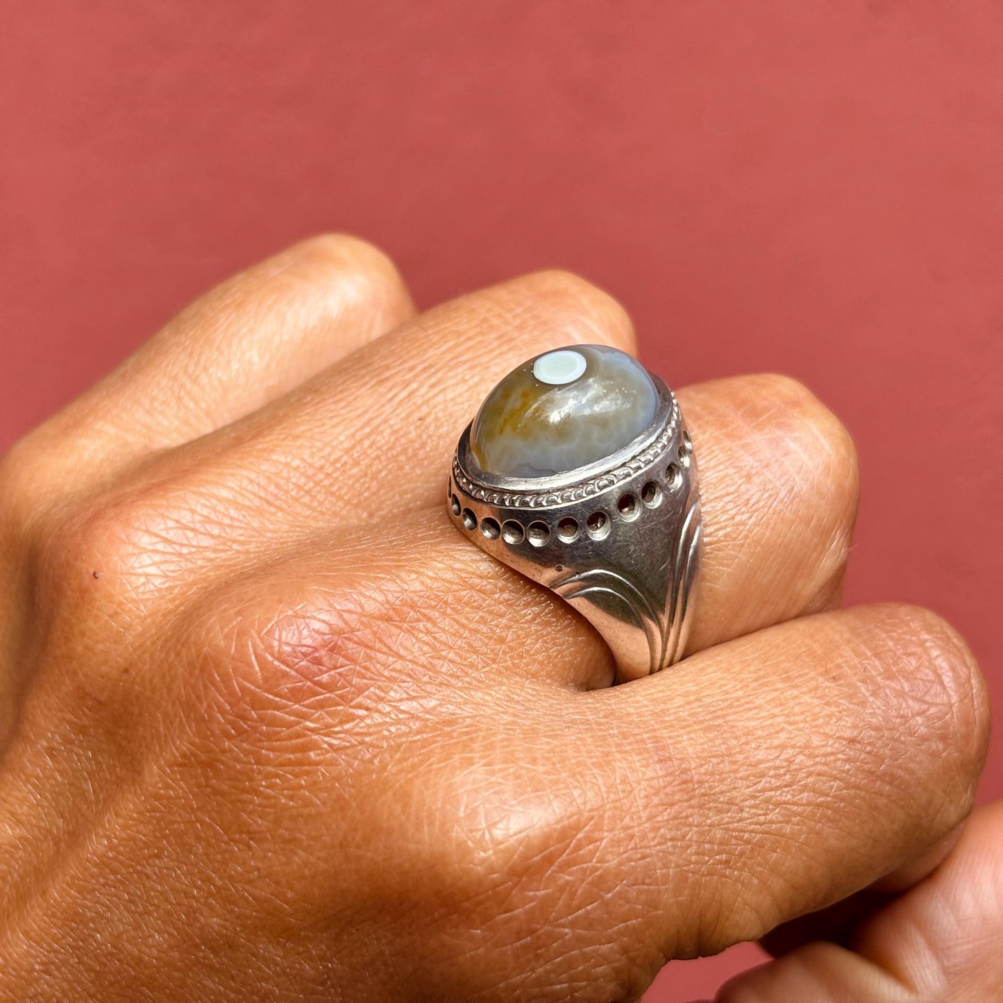 Bague d'homme argent agate Afghanistan, Bague orientale asiatique Aqeeq protection mauvais oeil, Bague ancienne pierre naturelle pour lui