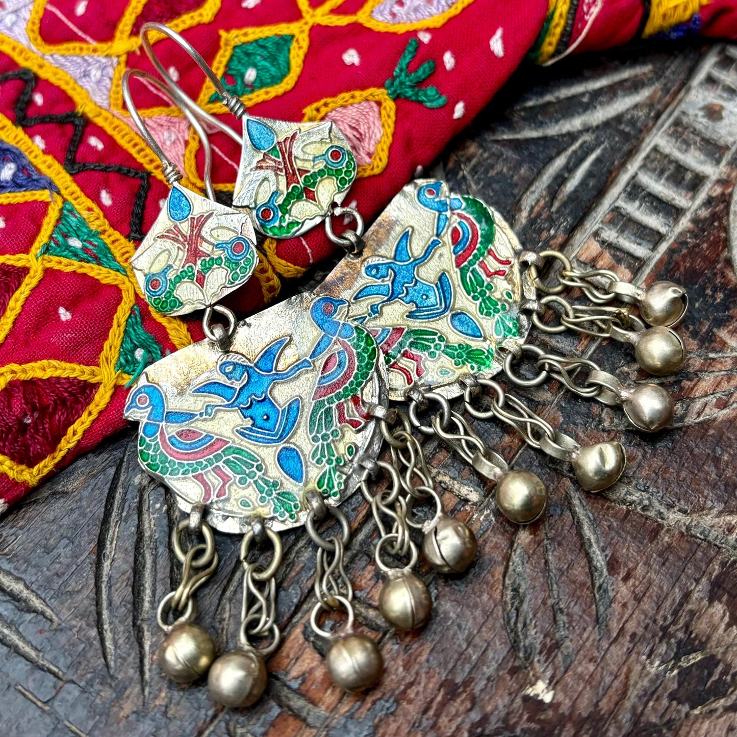 Boucles d'oreilles émaillées paon afghanes - Bijou tribal ethnique oriental vintage