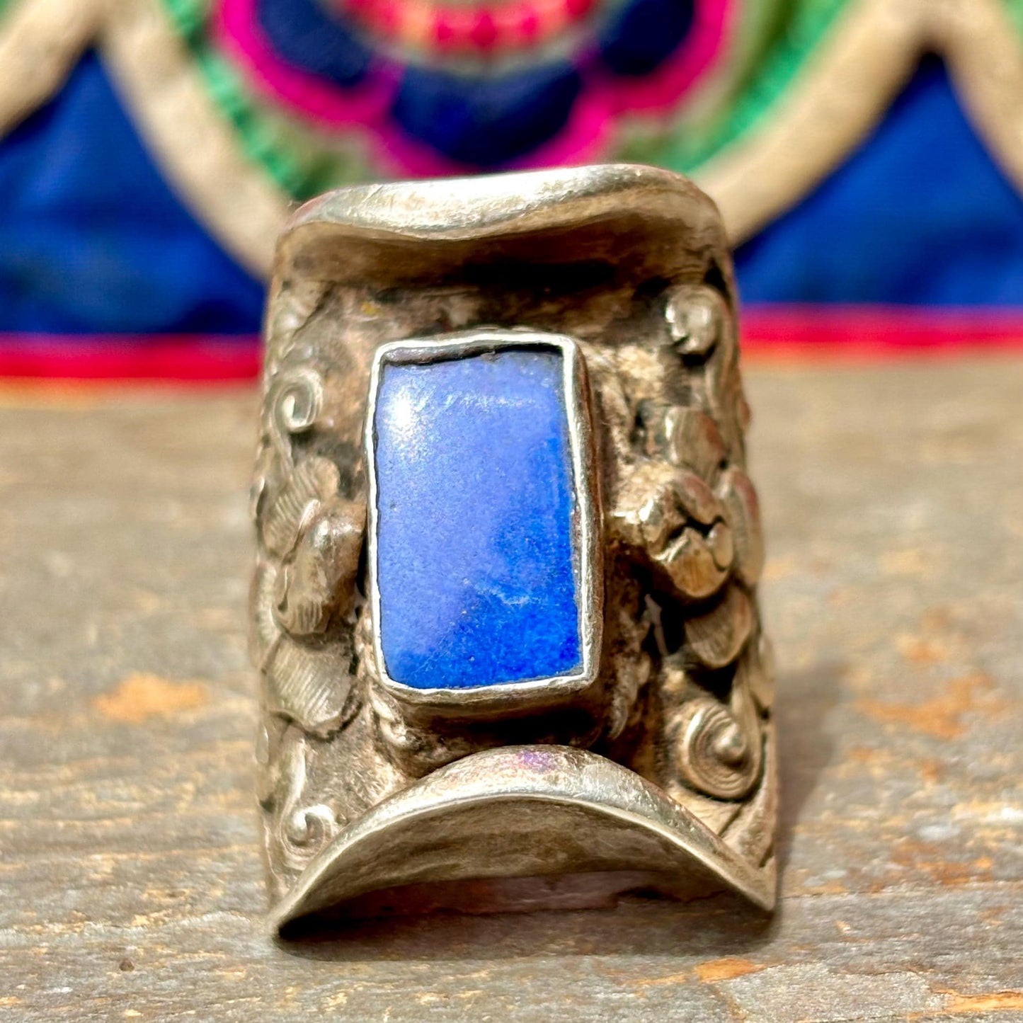 Bague tibétaine selle argent lapis lazuli - Bijou ancien Himalaya ajustable