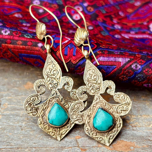 Boucles d’oreille turquoise dorées ajourées boho orientales, Bijou ethnique tribal asiatique vintage festival Afghanistan, Cadeau pour femme