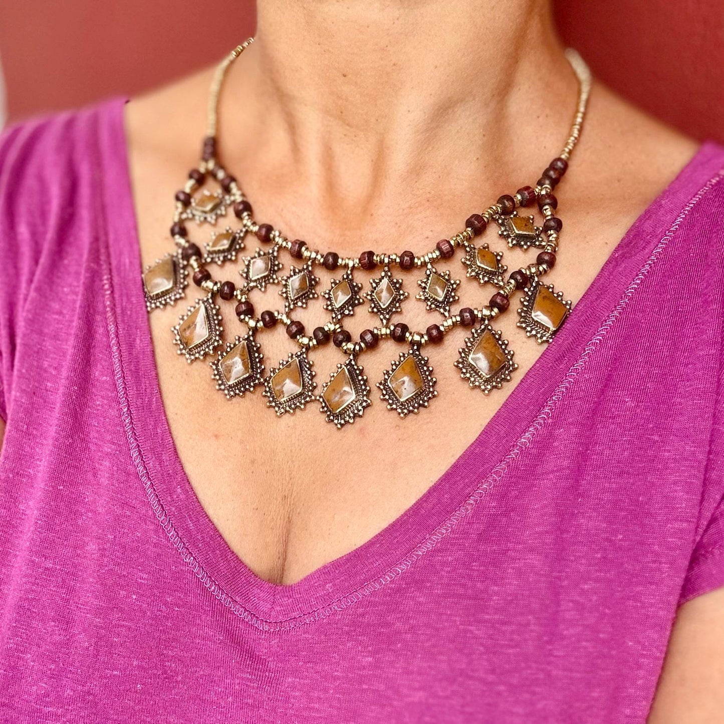 Collier tribal oriental plastron boho, Collier ethnique pierre, Bijoux afghan tribu nomade, Collier gypsy bohème festival, Danse orientale