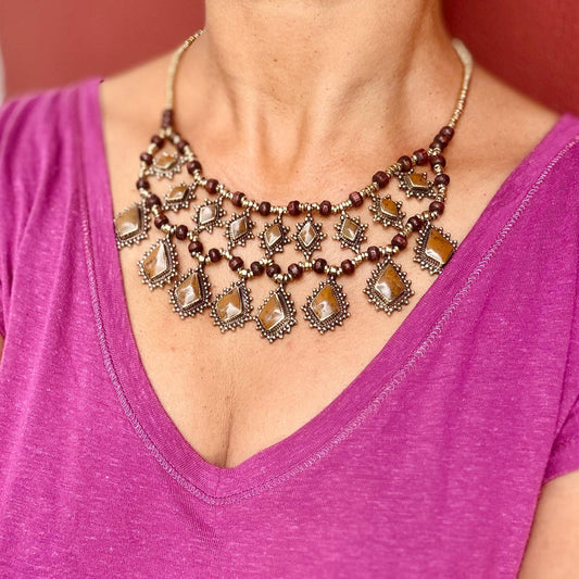 Collier tribal oriental plastron boho, Collier ethnique pierre, Bijoux afghan tribu nomade, Collier gypsy bohème festival, Danse orientale
