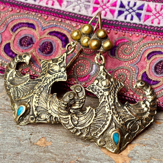 Boucles oreille paon, Boucles ethniques, Bijoux nomades tribus, Bijoux afghans, Inde Rajasthan, Boucles vintage gypsy boho Cadeau pour femme
