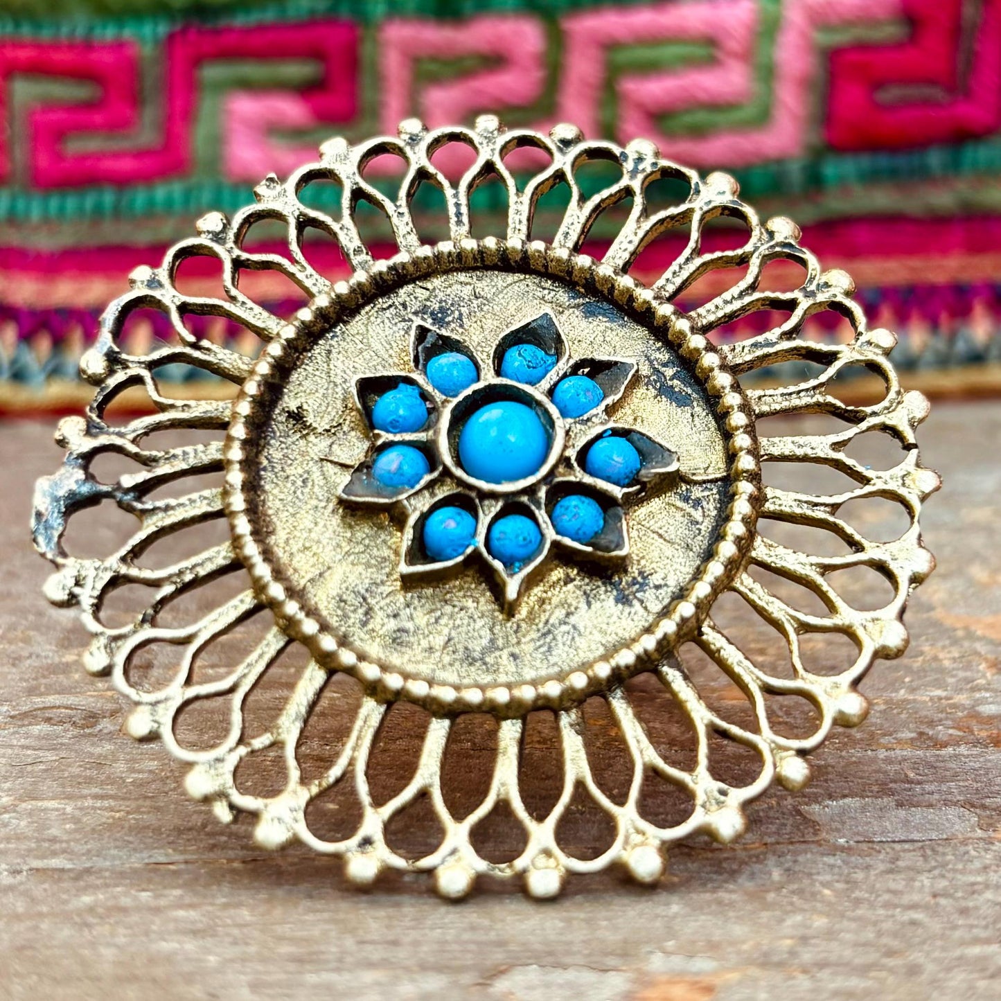 Grosse bague Afghane tribale ethnique vintage, Bague soleil festival boho hippie gypsy, Bague dorée et bleu orientale asiatique ajustable