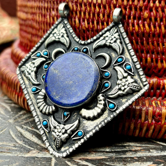 Pendentif Lapis Lazuli Losange Argent - Bijou Tribal Afghan Ethnique - Statement Oriental Vintage Boho