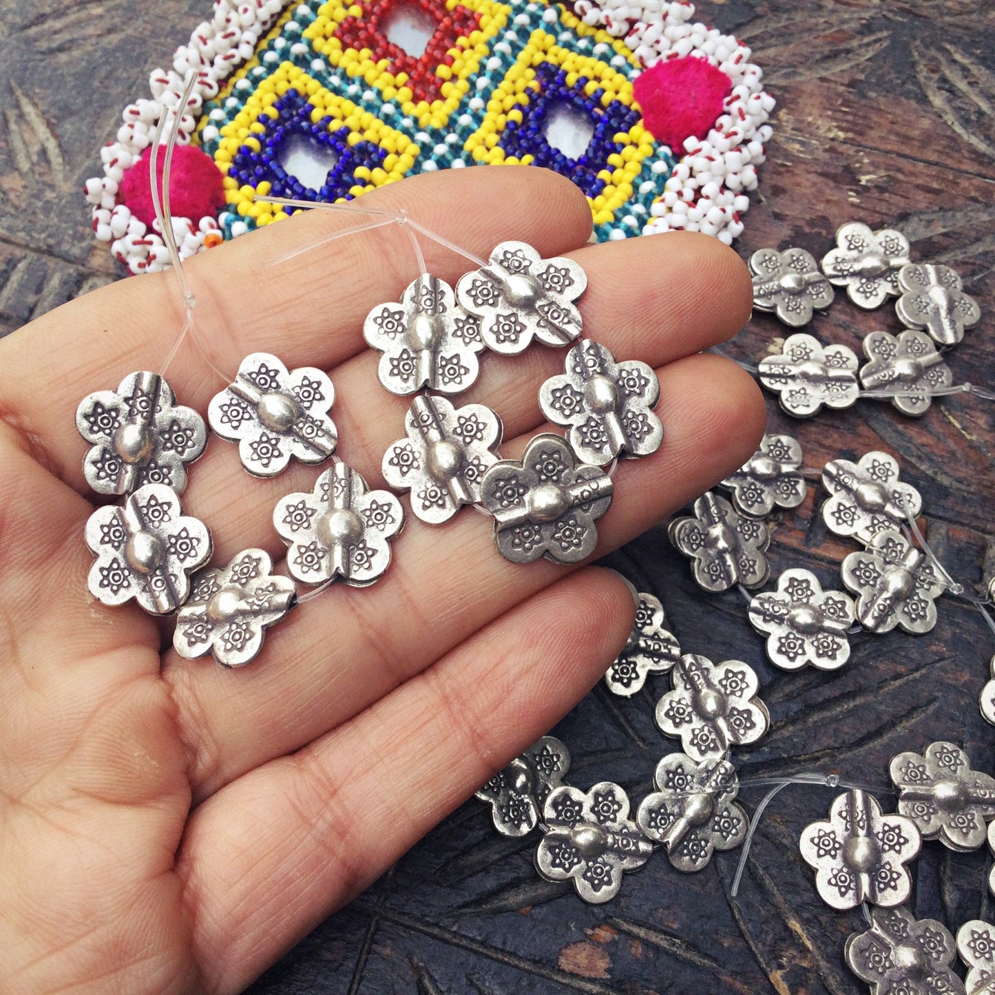 Perles fleur argent Thaïlande, Perles vintage tribu Karen, Perles tribales ethniques vintage, Fournitures création fabrication bijoux