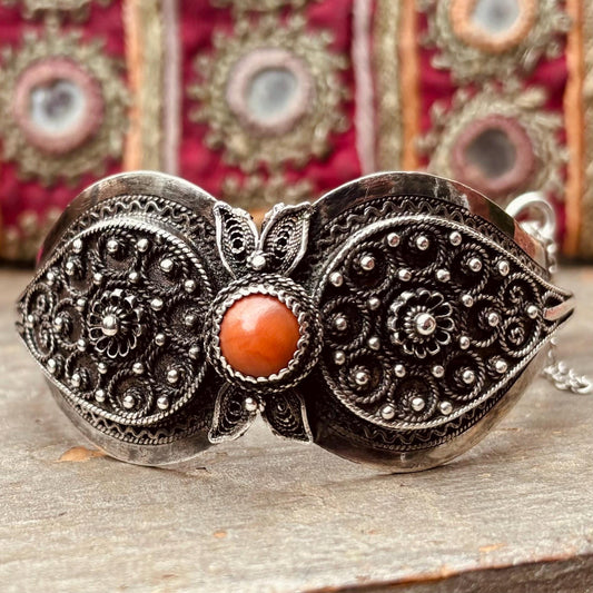 Bracelet argent filigrane corail ancien Maroc - Bijou Berbère Maghreb articulé vintage - Artisanat traditionnel