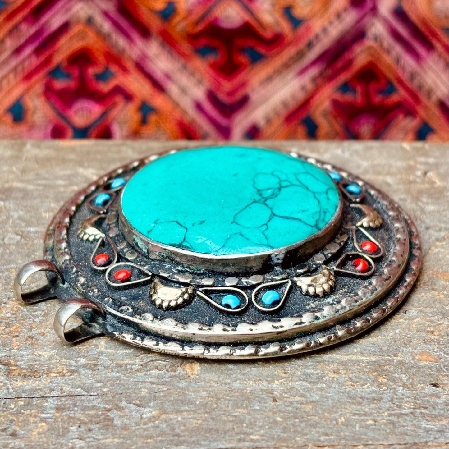 Pendentif Turkmène Rond Turquoise Argent - Bijou Tribal Ethnique Pierre Bleu Vert - Statement Oriental Vintage