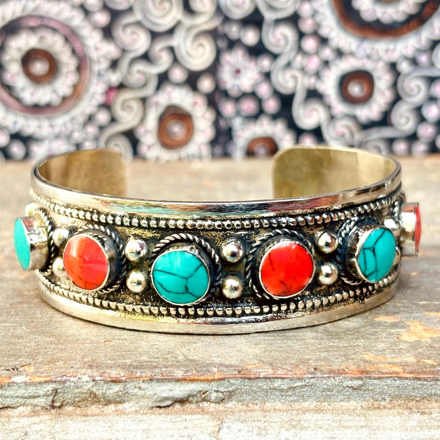 Bracelet Manchette Turkmène Turquoise Corail - Bijou Ethnique Afghan Argent