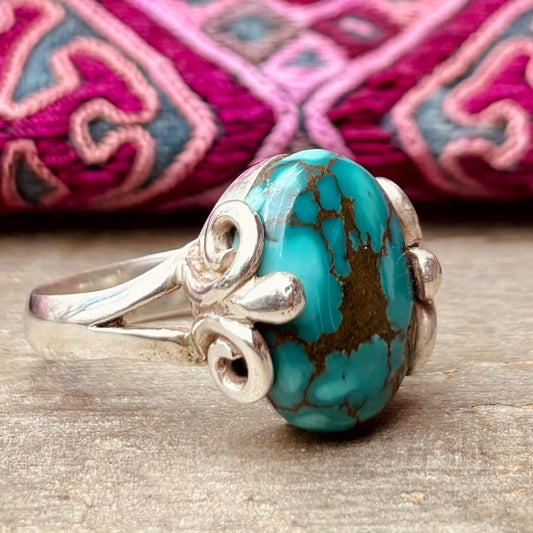 Bague argent sterling turquoise vintage, Bague indienne cabochon pierre bleue asiatique orientale, Style ethnique bohème, Cadeau pour femme