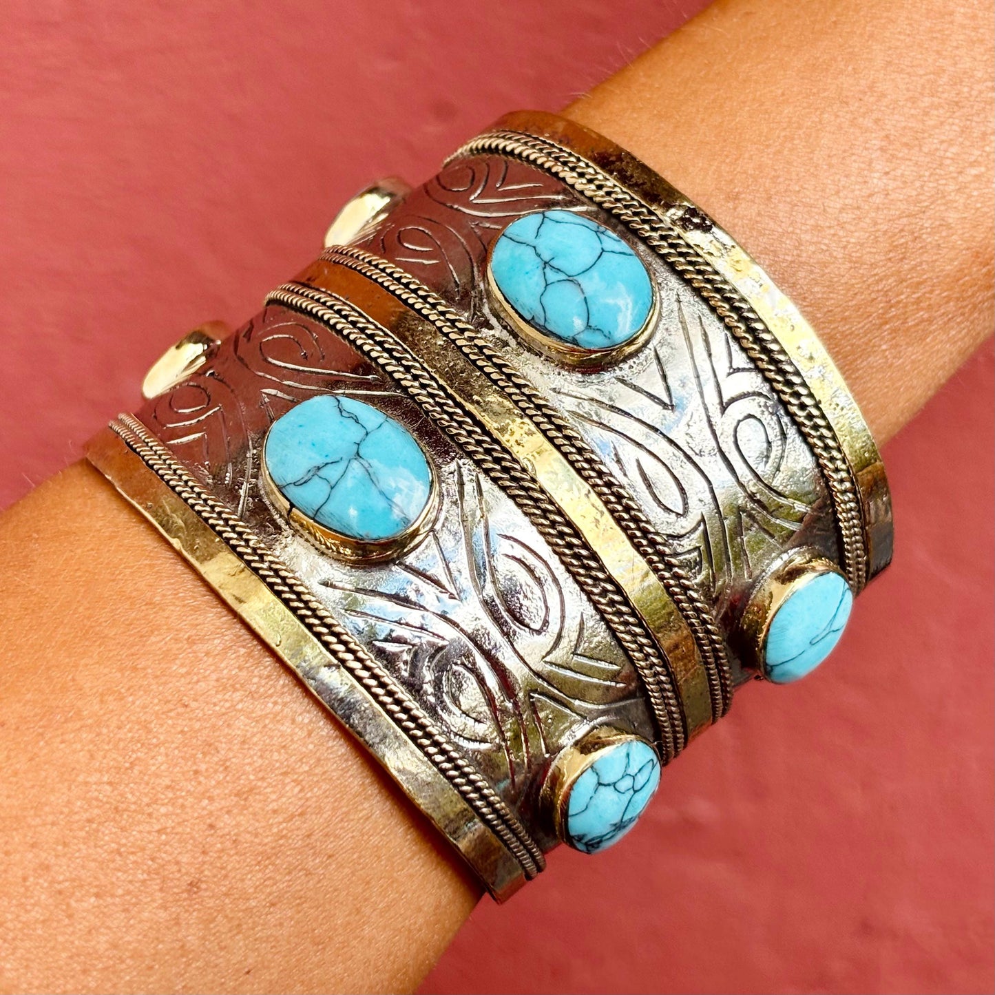 Bracelet manchette ethnique turquoise argenté boho - Bijou Turkmène afghan pierre bleue style bohème oriental
