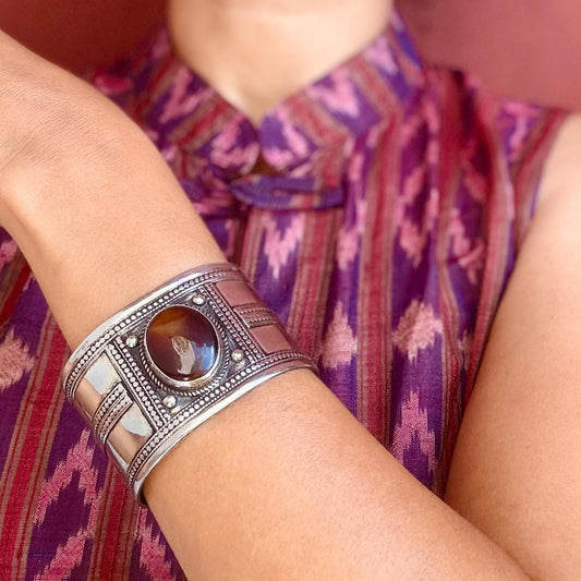 Bracelet manchette rigide agate boho - Bijou ethnique turkmène artisanal