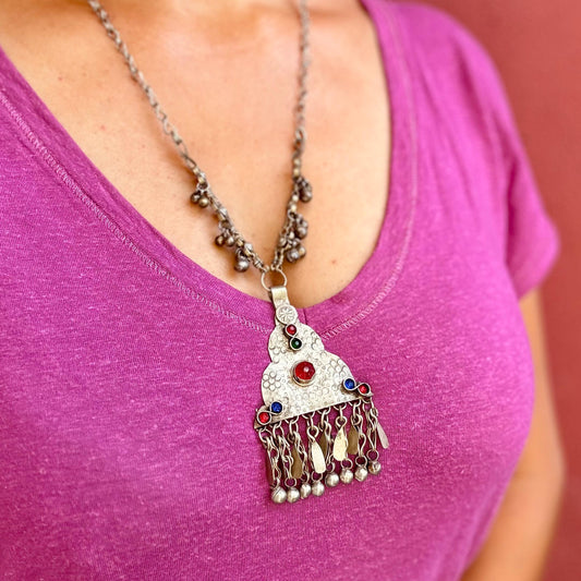 Collier breloques pendentif boho tribal, Collier afghan vintage tribu Asie, Collier long antique oriental ethnique hippie, Cadeau pour femme