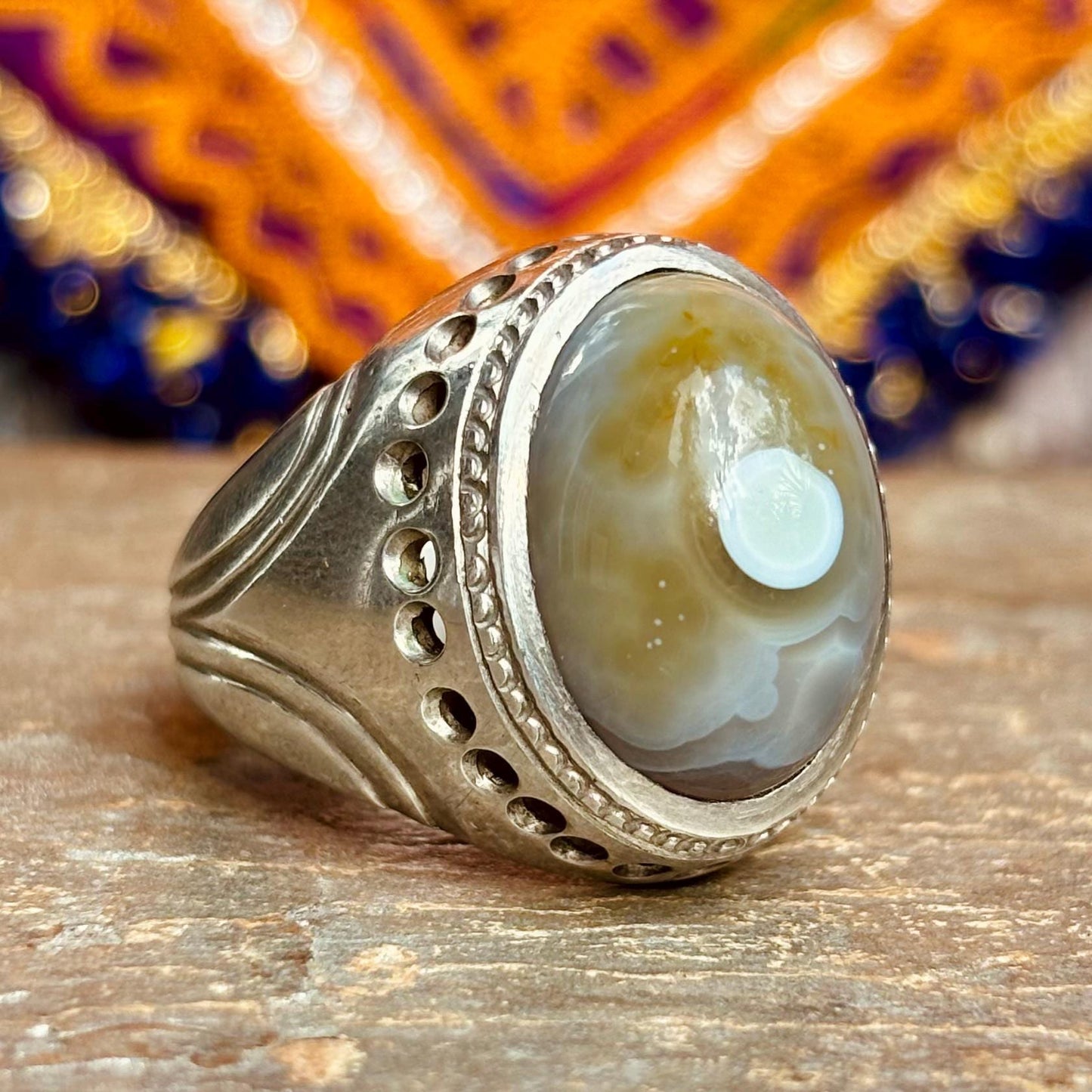 Bague d'homme argent agate Afghanistan, Bague orientale asiatique Aqeeq protection mauvais oeil, Bague ancienne pierre naturelle pour lui