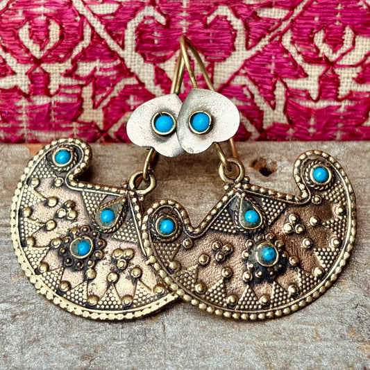 Boucles d'oreilles tribales afghanes avec verre bleu - Bijou ethnique gypsy bohème