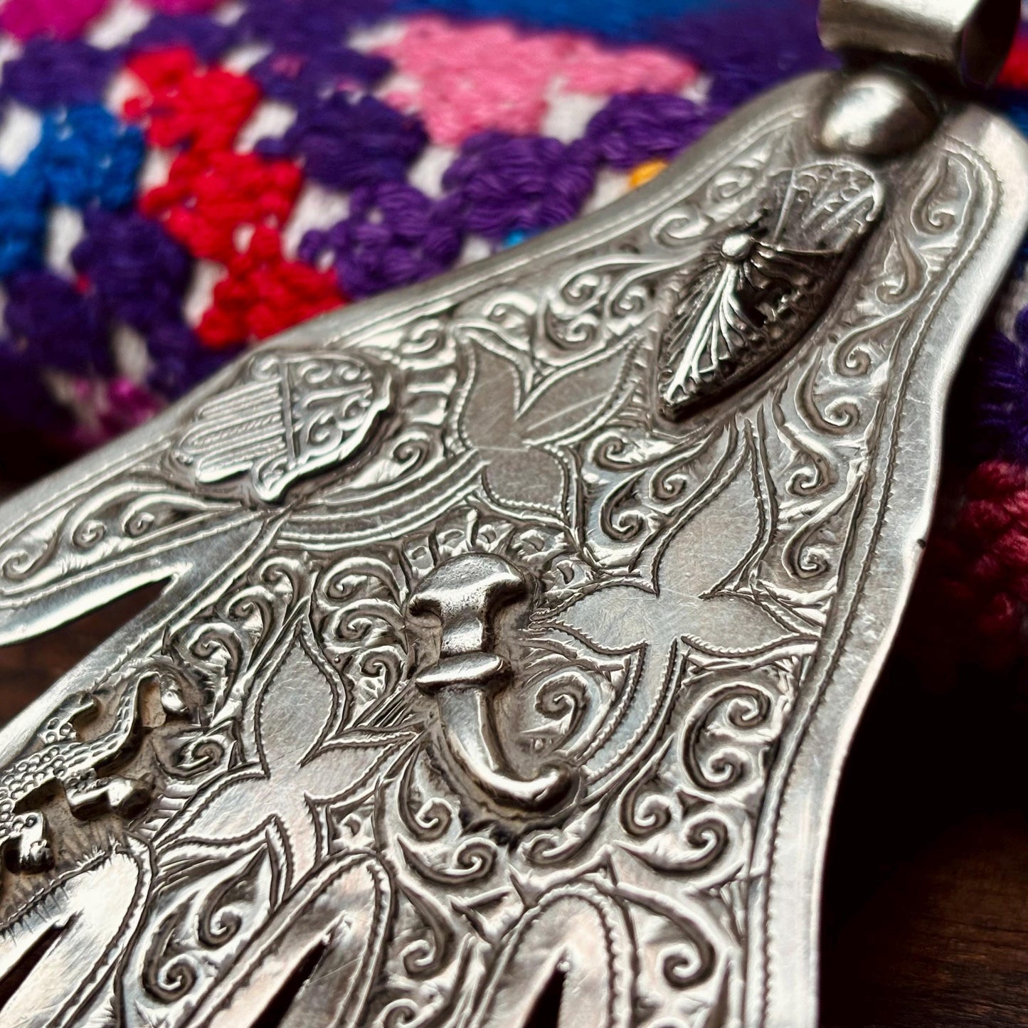 Pendentif Hamsa Argent Salamandre - Main Fatima Berbère Maroc Ancien 900/1000