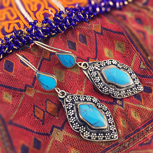 Boucles d'oreilles turquoise afghanes indiennes - Bijou ethnique tribal oriental