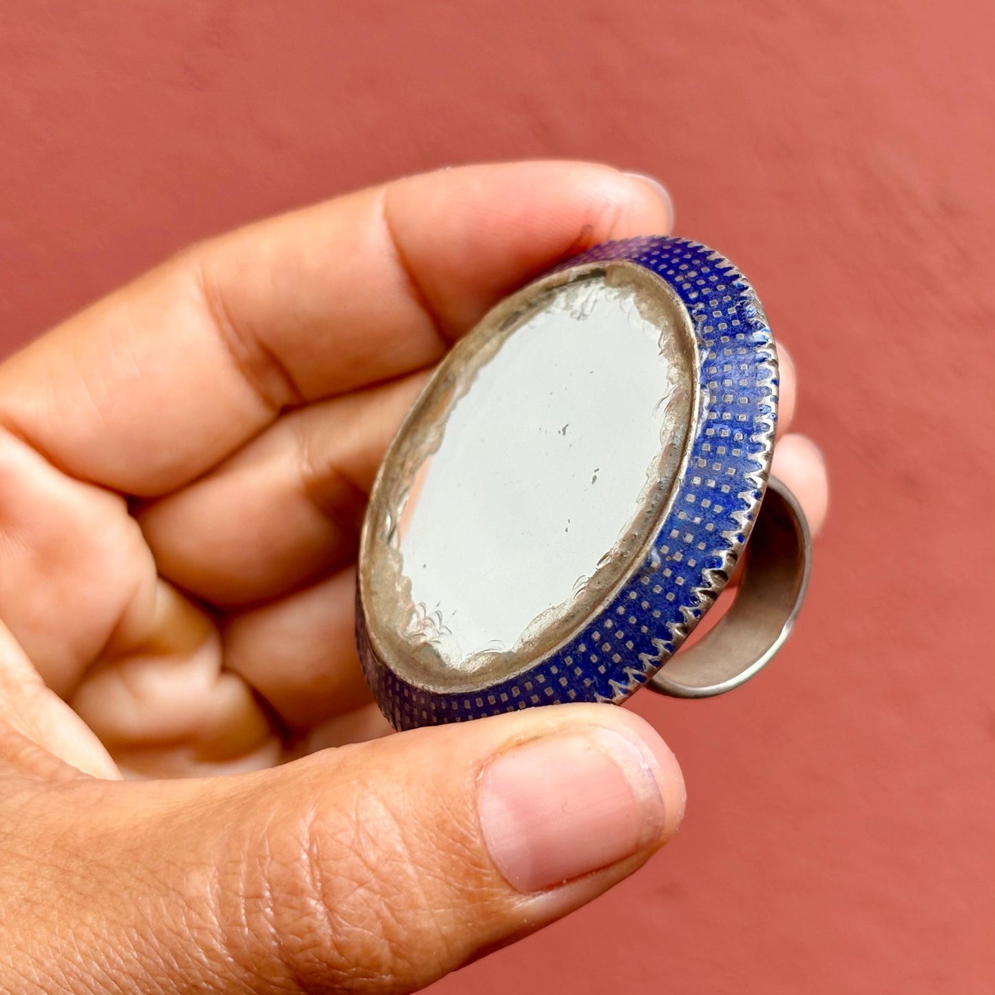 Bague Argent Émaux Bleus Multan Pakistan - Grande Bague Ronde Tribale Miroir Ethnique Vintage Collection