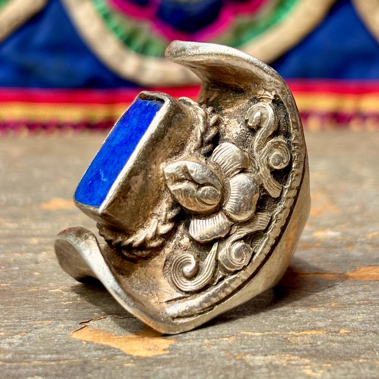 Bague tibétaine selle argent lapis lazuli - Bijou ancien Himalaya ajustable