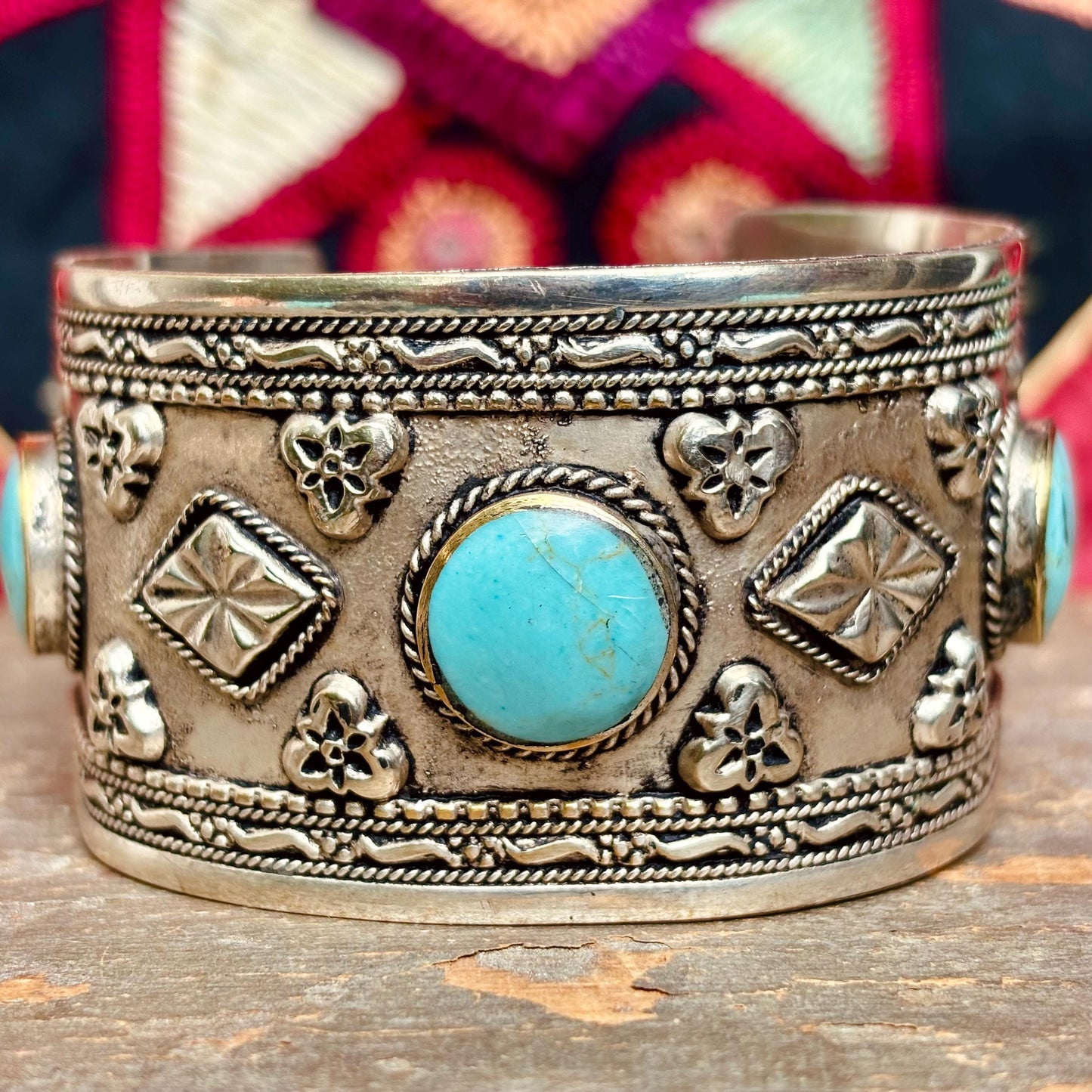 Bracelet Manchette Turquoise Argenté - Bijou Ethnique Afghan Turkmène - Style boho tribal