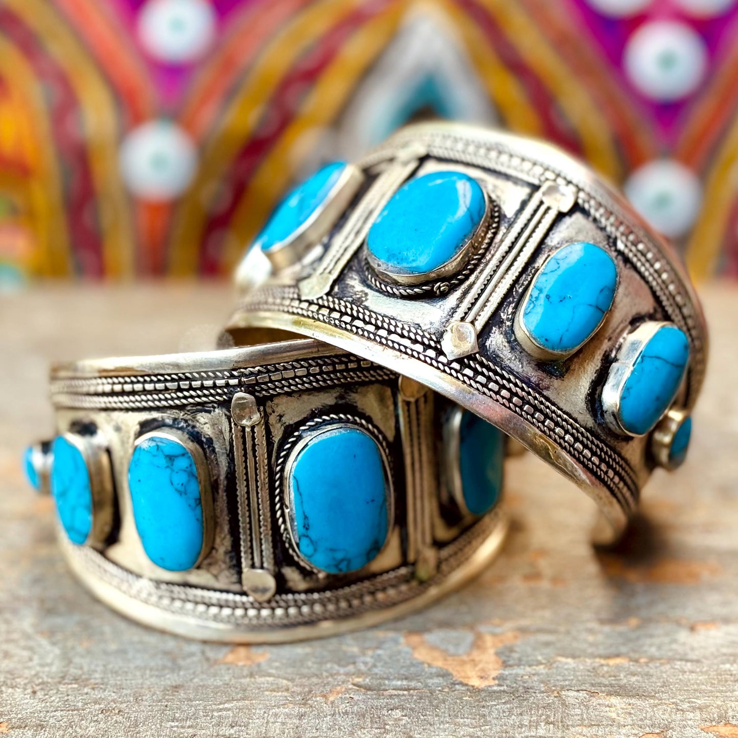 Bracelet turquoise argenté pierre bleue - Manchette ethnique turkmène artisanale