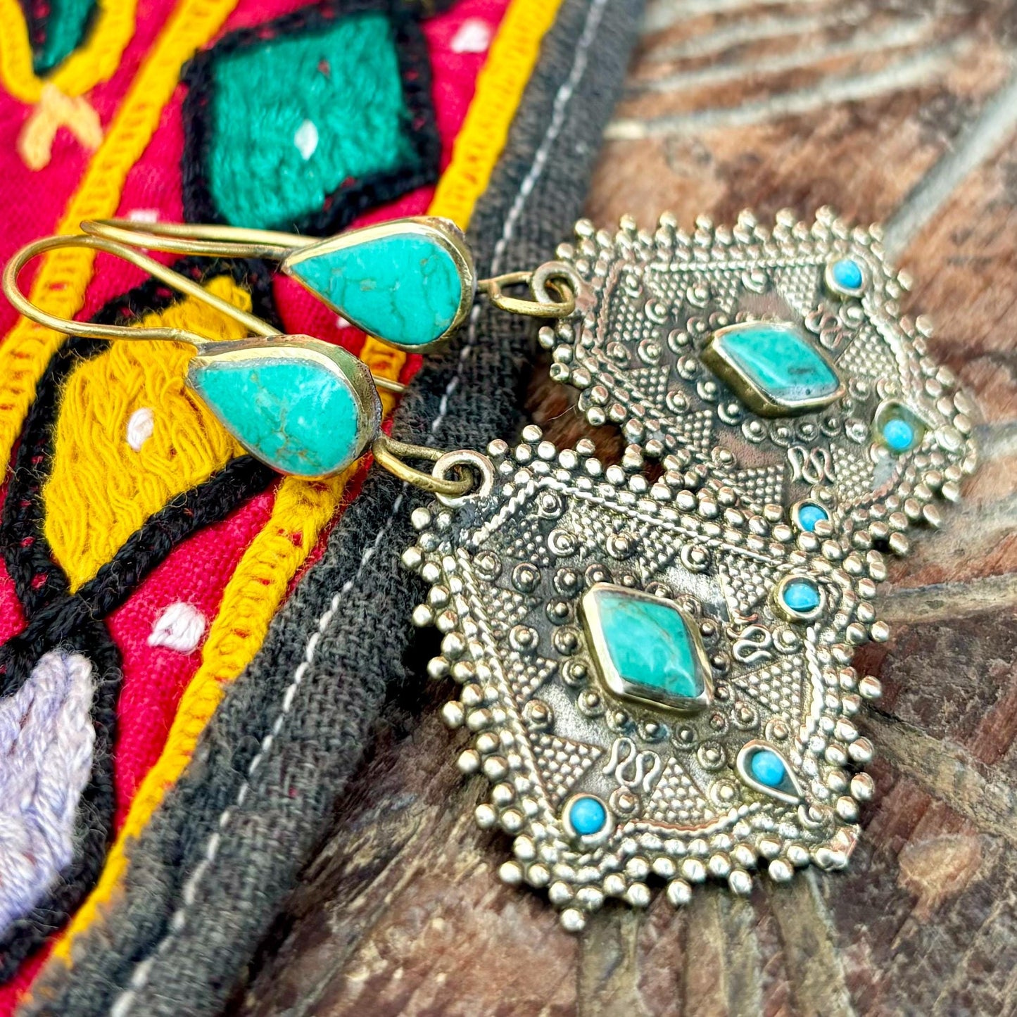 Boucles d’oreille turquoise ethniques tribales pierre verte, Style boho asiatique danse orientale gypsy bohème, Bijou afghan, Cadeau femme