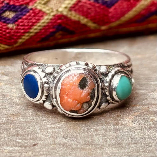 Bague argent 3 pierres corail turquoise lapis ancienne - Bague indienne vintage Rajasthan ethnique bohème tribal