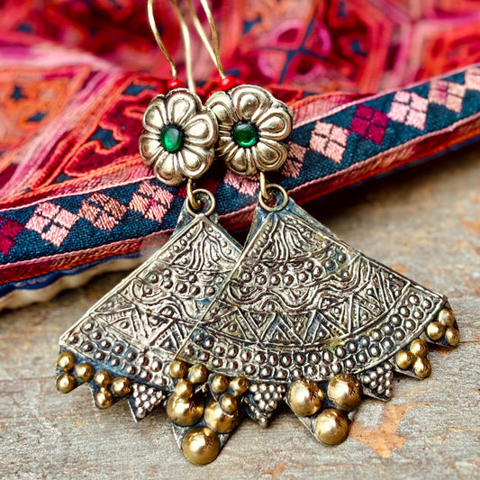 Grandes boucles d'oreilles éventail tribales afghanes - Bijou ethnique statement bohème