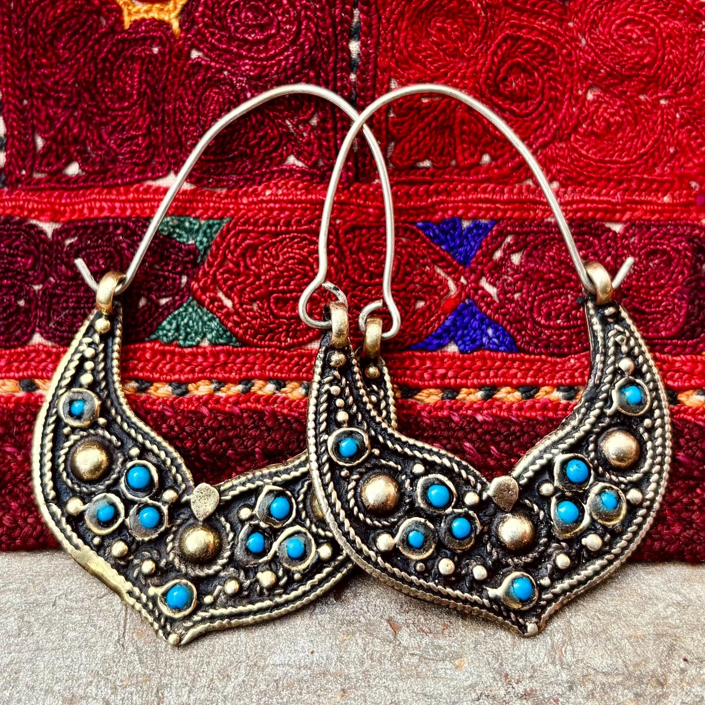 Créoles tribales afghanes boho avec verre bleu - Anneaux ethniques danse orientale