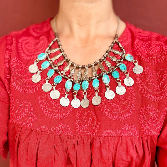 Collier oriental tribal, Collier plastron pierre verte ethnique, Bijou afghan persan tribu, Collier gypsy boho tribal fusion danse orientale
