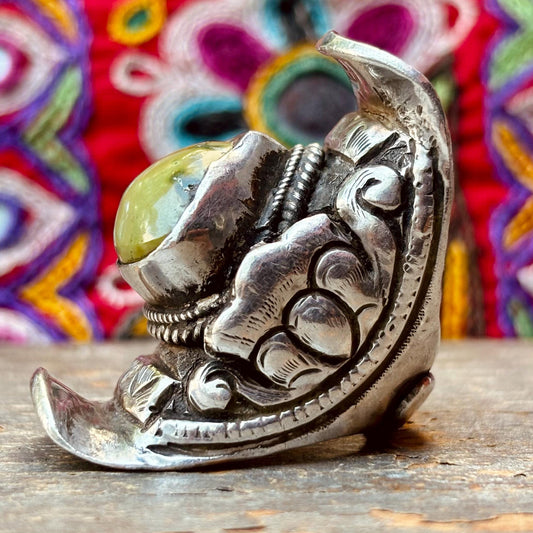 Bague Tibétaine argent turquoise - Bague selle ancienne pierre verte ajustable