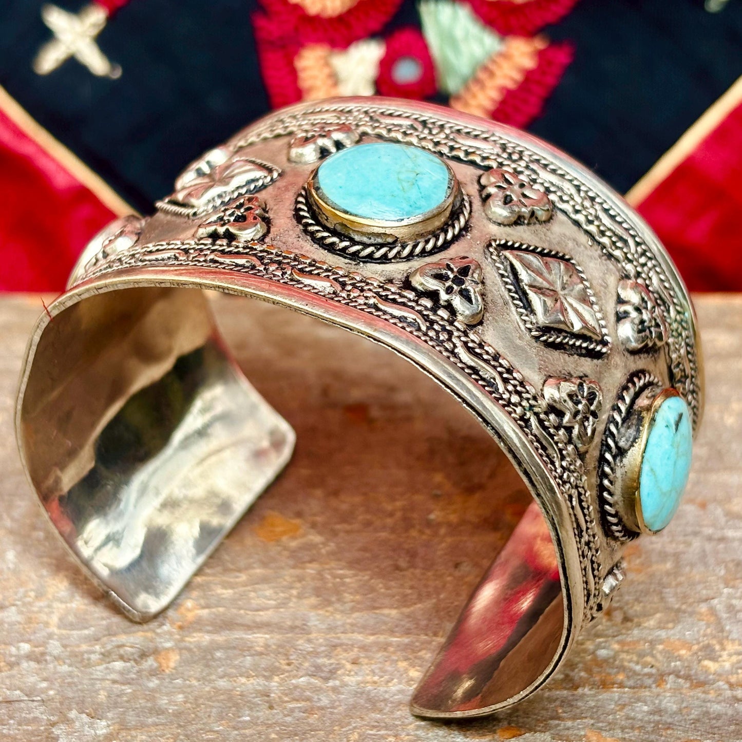 Bracelet Manchette Turquoise Argenté - Bijou Ethnique Afghan Turkmène - Style boho tribal