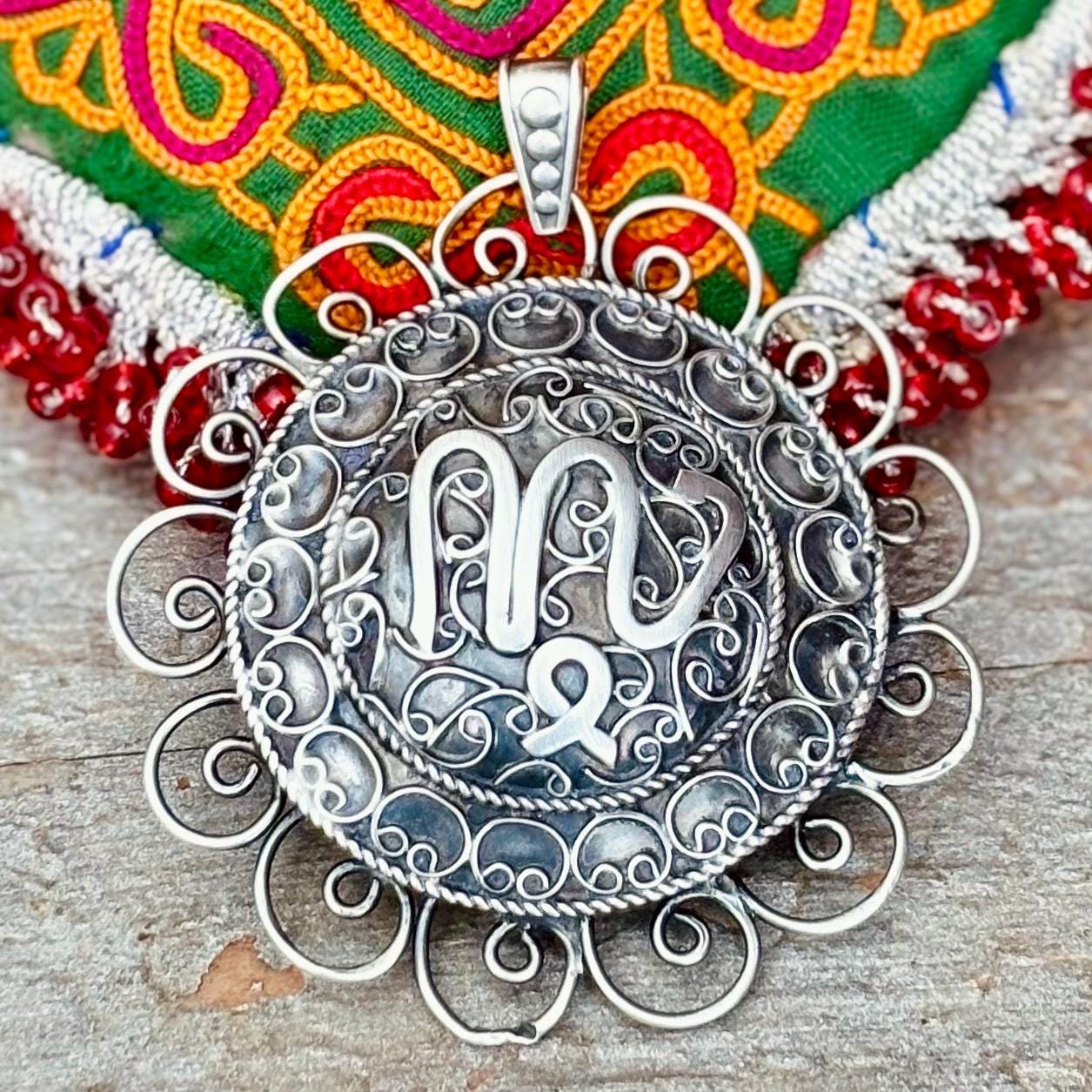 Pendentif algérien filigrane forme fleur, Bijou arabe oriental, Antiquités Maghreb Algérie, Amulette Talisman collier vintage, Cadeau femme