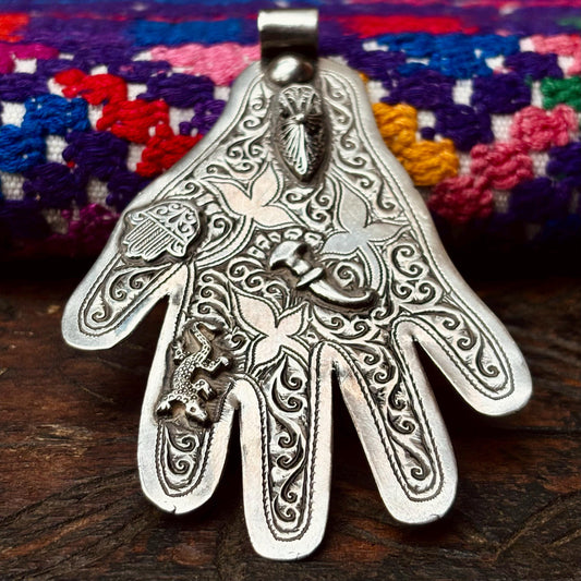 Pendentif Hamsa Argent Salamandre - Main Fatima Berbère Maroc Ancien 900/1000