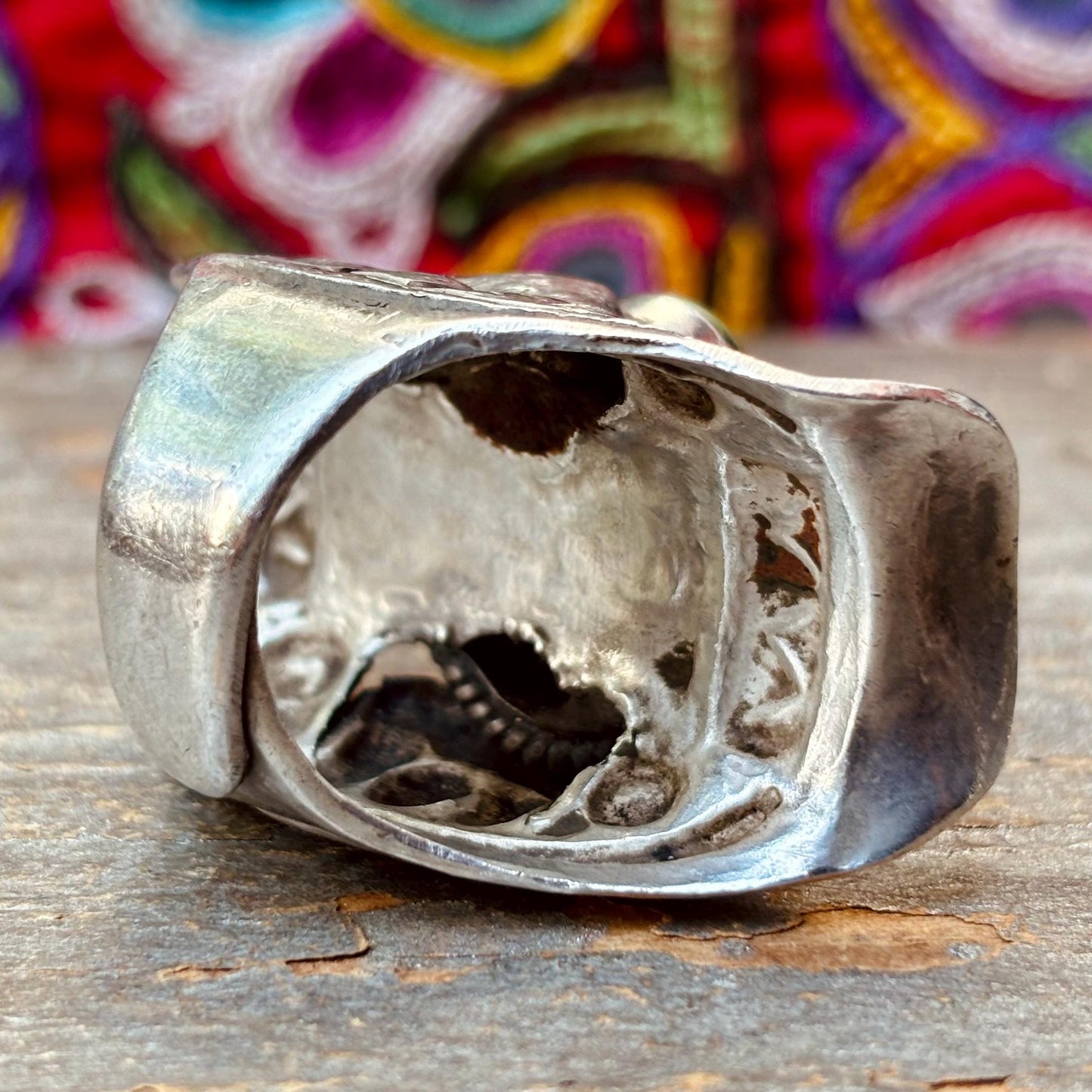 Bague Tibétaine argent turquoise - Bague selle ancienne pierre verte ajustable