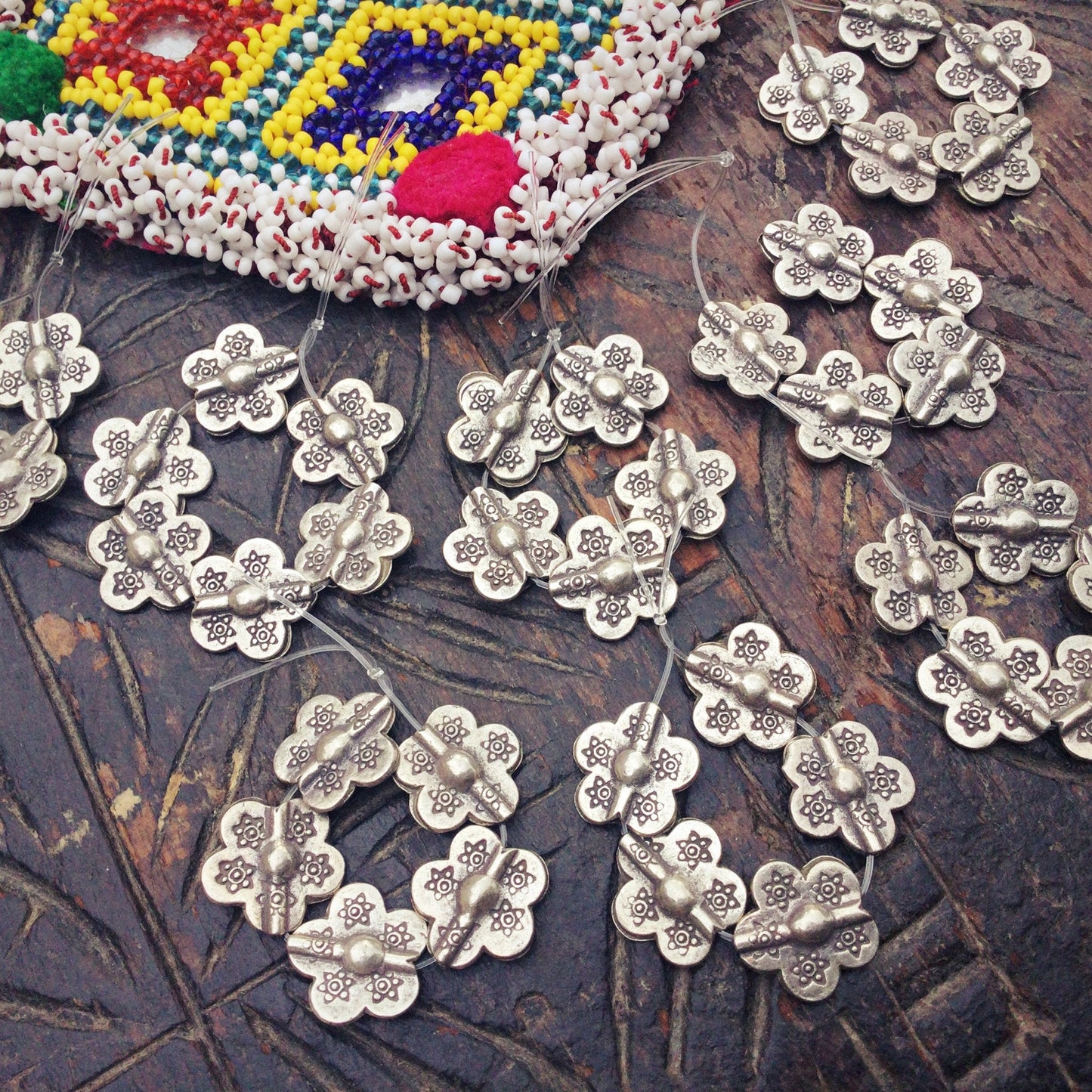 Perles fleur argent Thaïlande, Perles vintage tribu Karen, Perles tribales ethniques vintage, Fournitures création fabrication bijoux