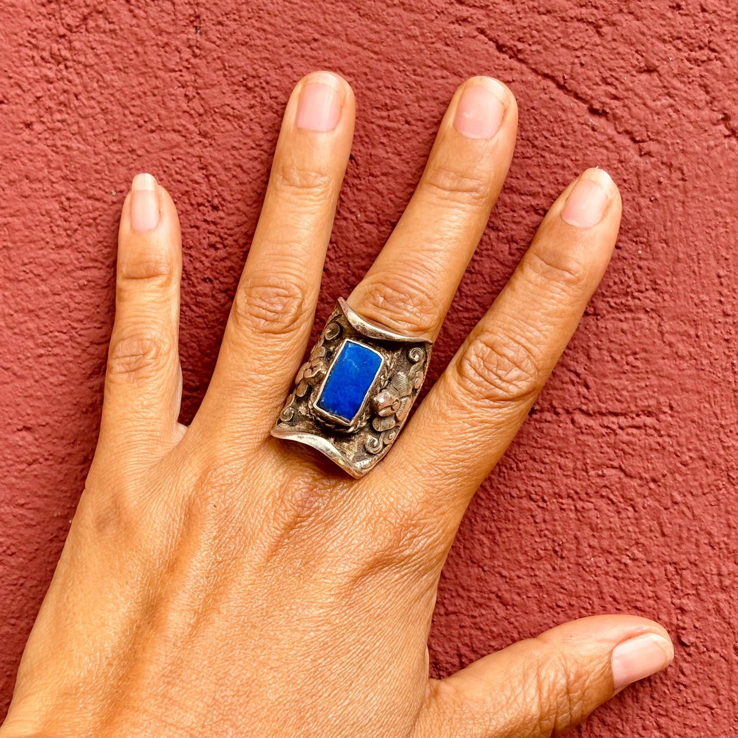 Bague tibétaine selle argent lapis lazuli - Bijou ancien Himalaya ajustable