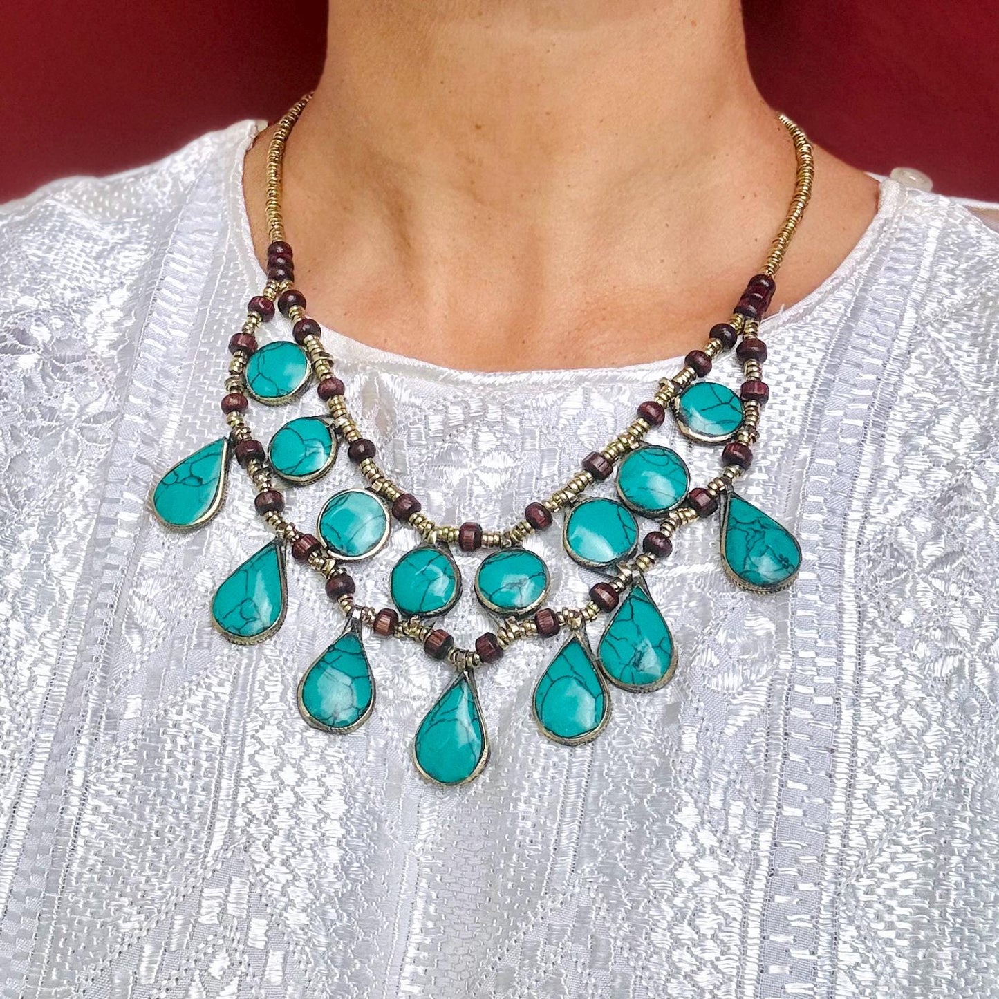 Collier turquoise plastron boho tribal, Collier pierre verte ethnique, Bijou afghan persan tribu Collier gypsy tribal fusion danse orientale