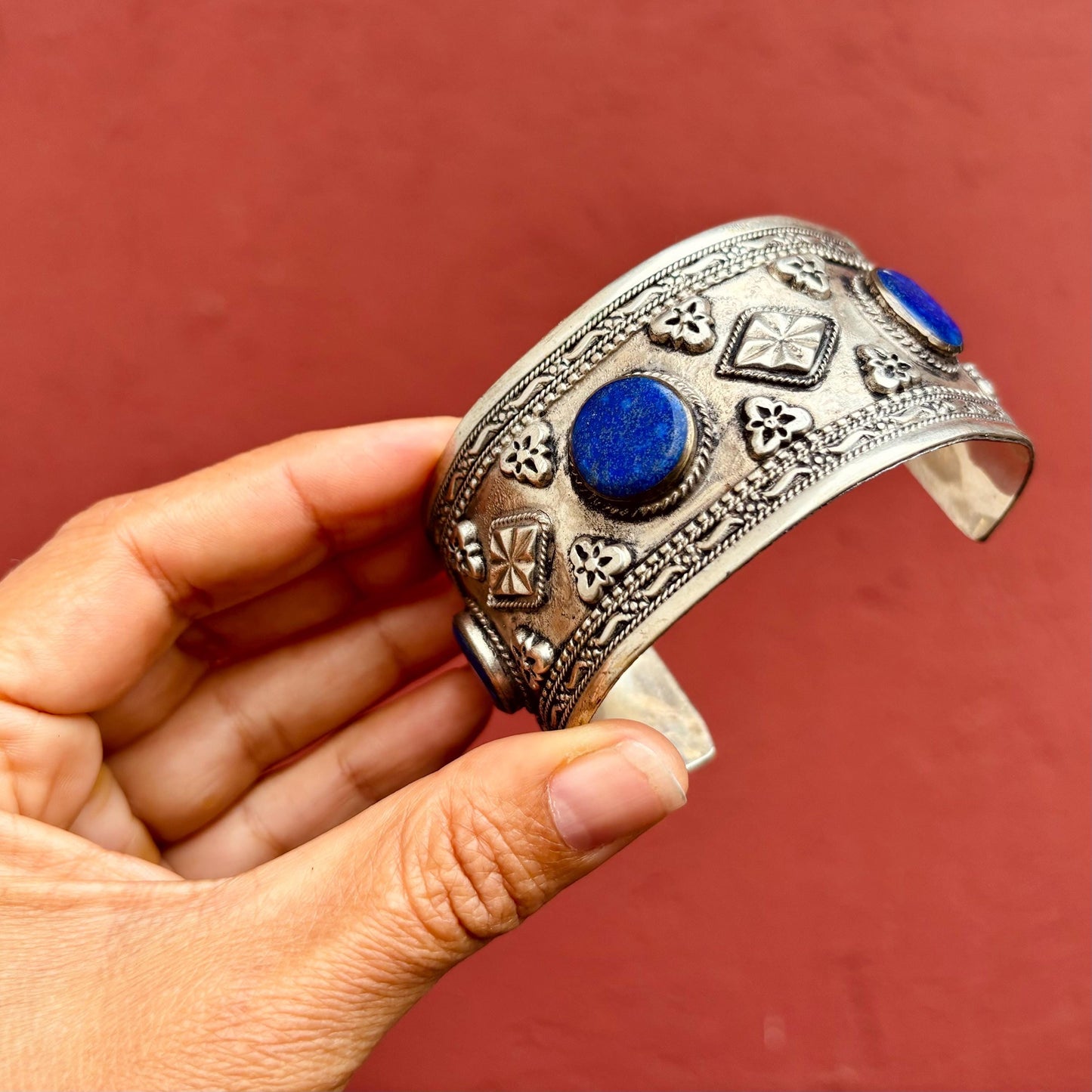 Bracelet lapis-lazuli manchette ethnique vintage orientale - Bijou tribal pierre bleue artisanat turkmène