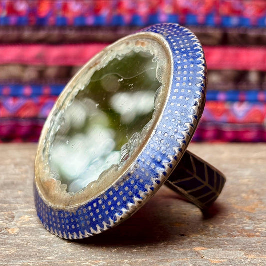 Bague Argent Émaux Bleus Multan Pakistan - Grande Bague Ronde Tribale Miroir Ethnique Vintage Collection