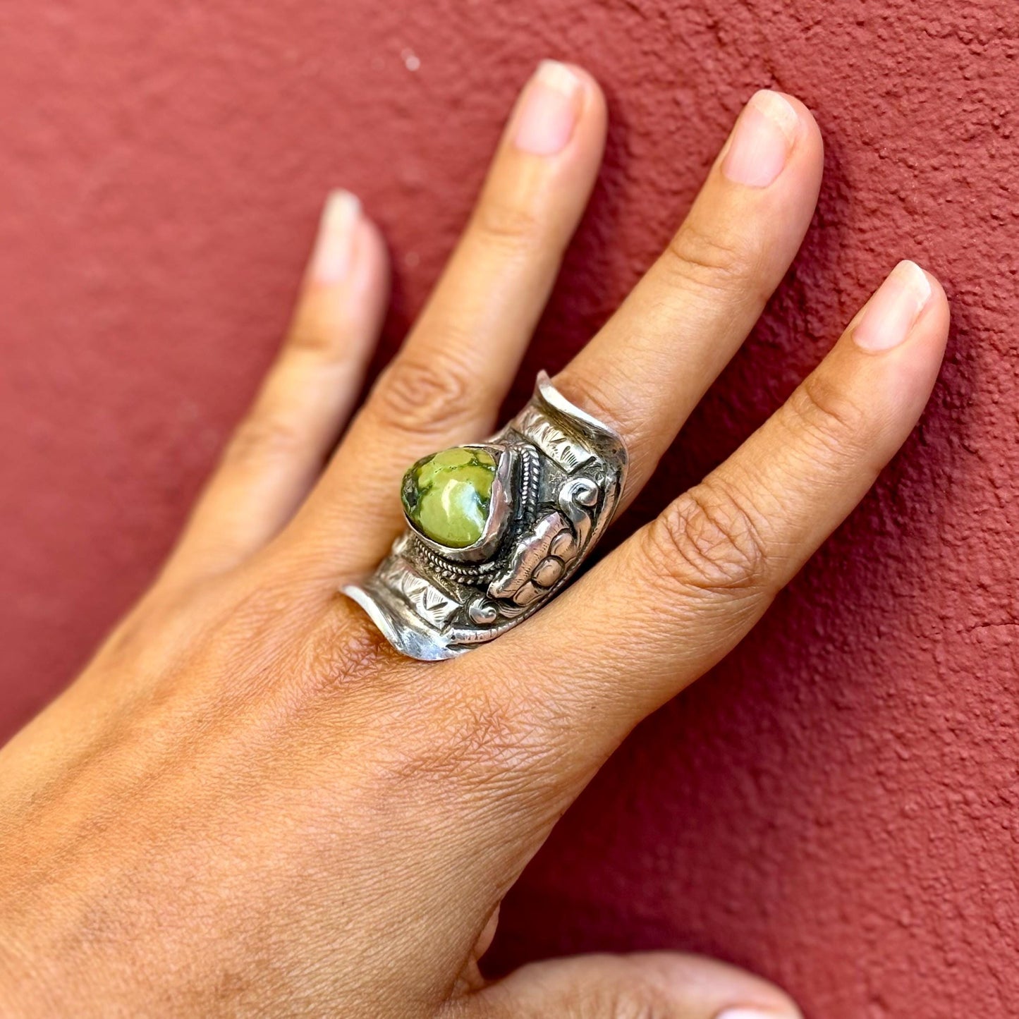 Bague Tibétaine argent turquoise - Bague selle ancienne pierre verte ajustable