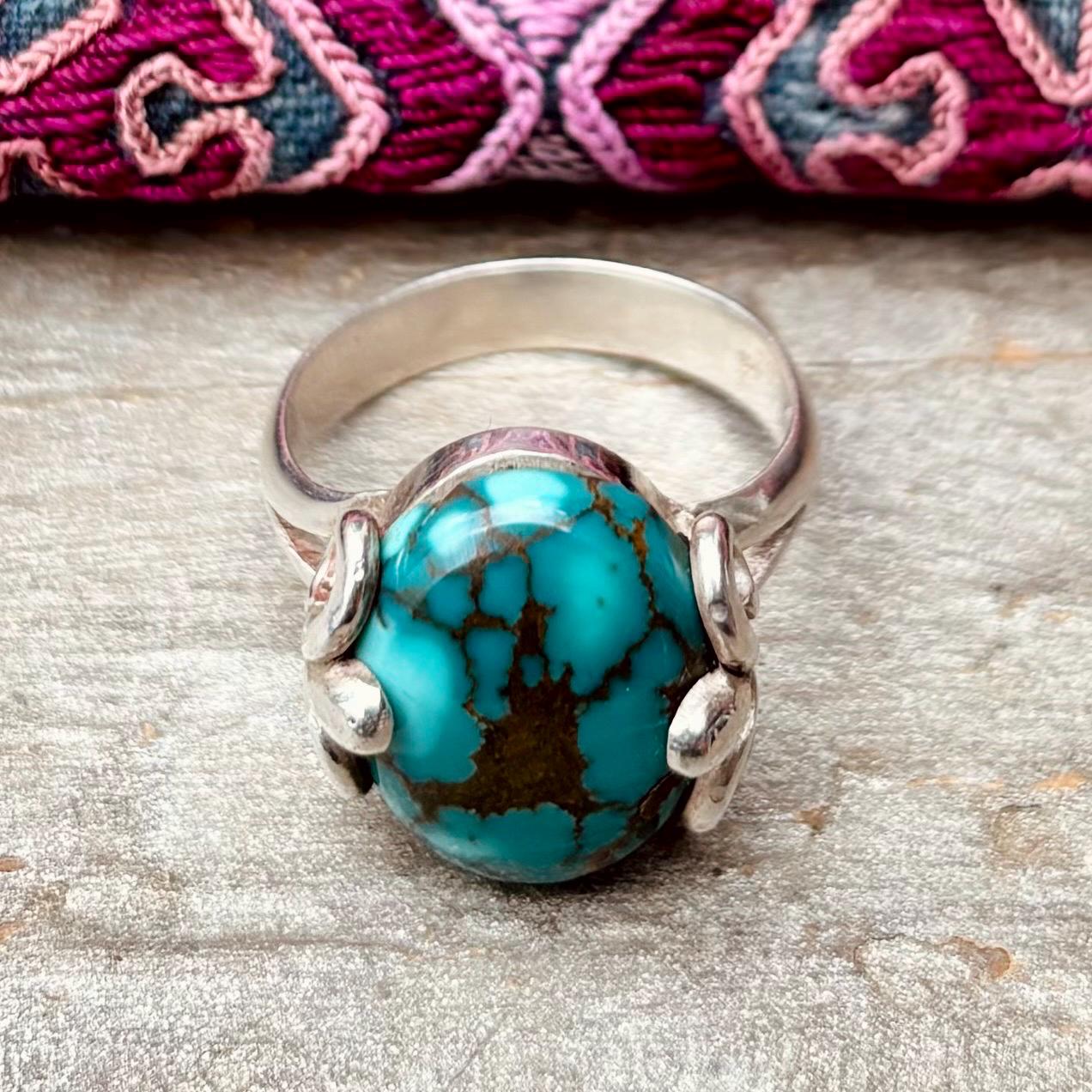Bague argent sterling turquoise vintage, Bague indienne cabochon pierre bleue asiatique orientale, Style ethnique bohème, Cadeau pour femme