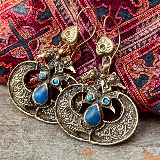 Boucles d'Oreilles Paon Afghanes Dorées - Bijou Ethnique Tribal Vintage