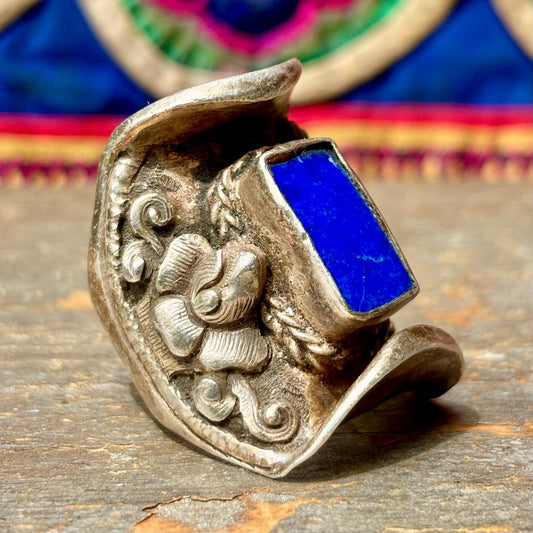 Bague tibétaine selle argent lapis lazuli - Bijou ancien Himalaya ajustable