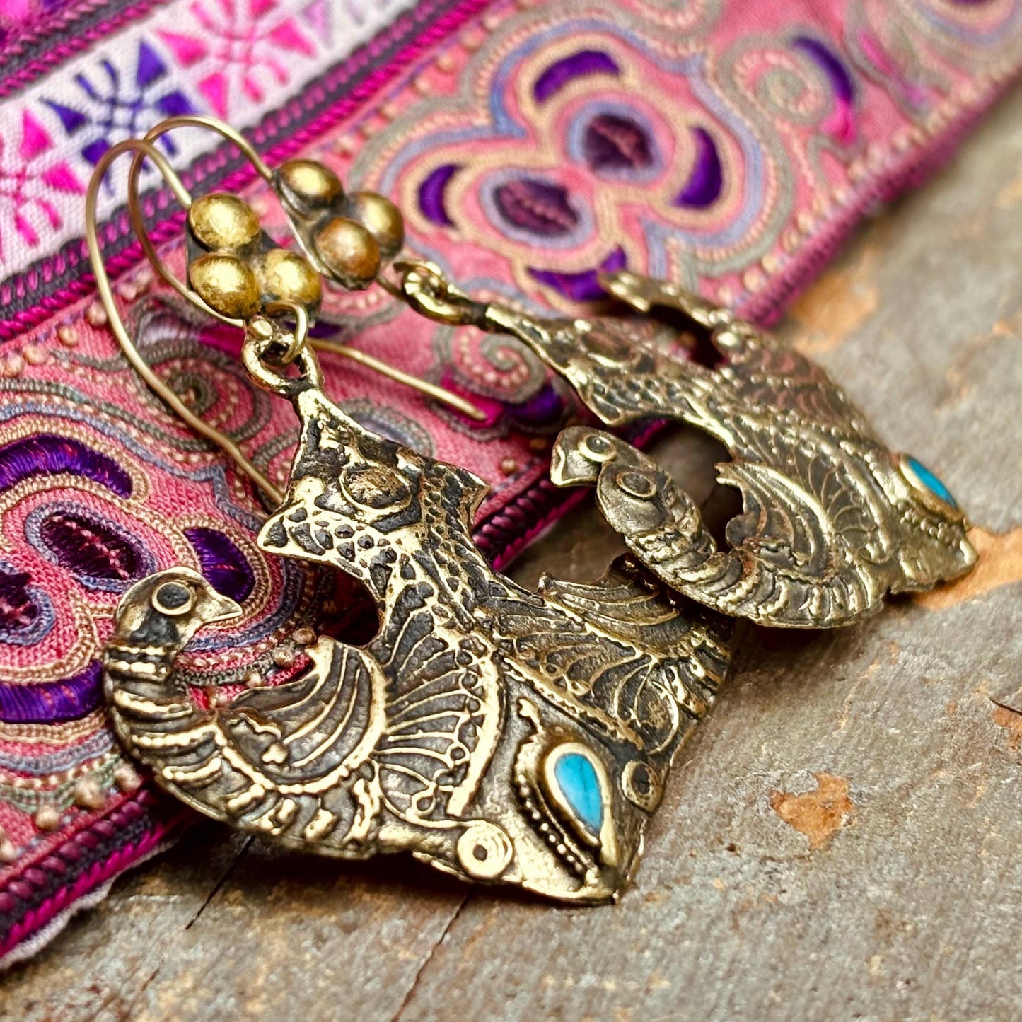 Boucles oreille paon, Boucles ethniques, Bijoux nomades tribus, Bijoux afghans, Inde Rajasthan, Boucles vintage gypsy boho Cadeau pour femme