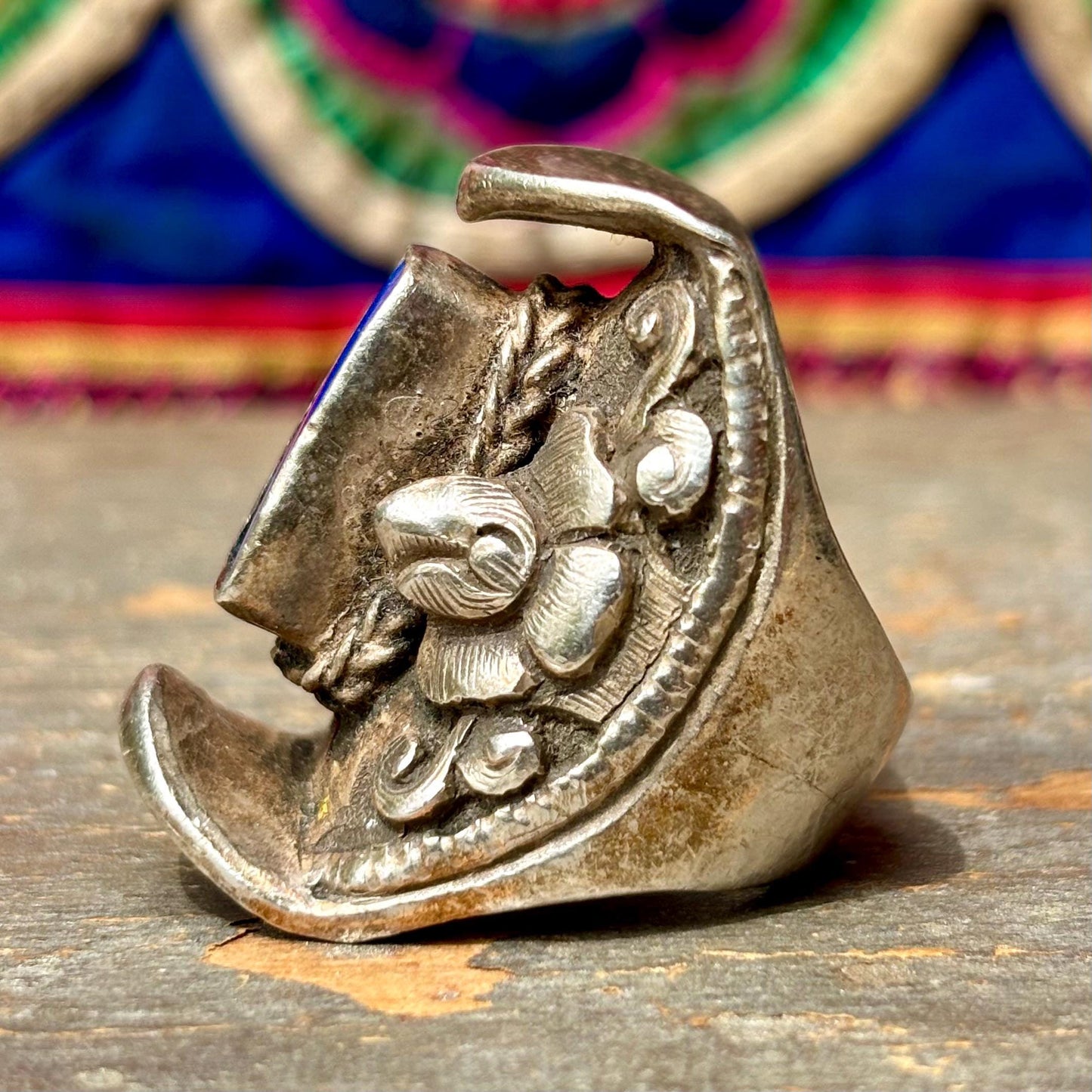 Bague tibétaine selle argent lapis lazuli - Bijou ancien Himalaya ajustable