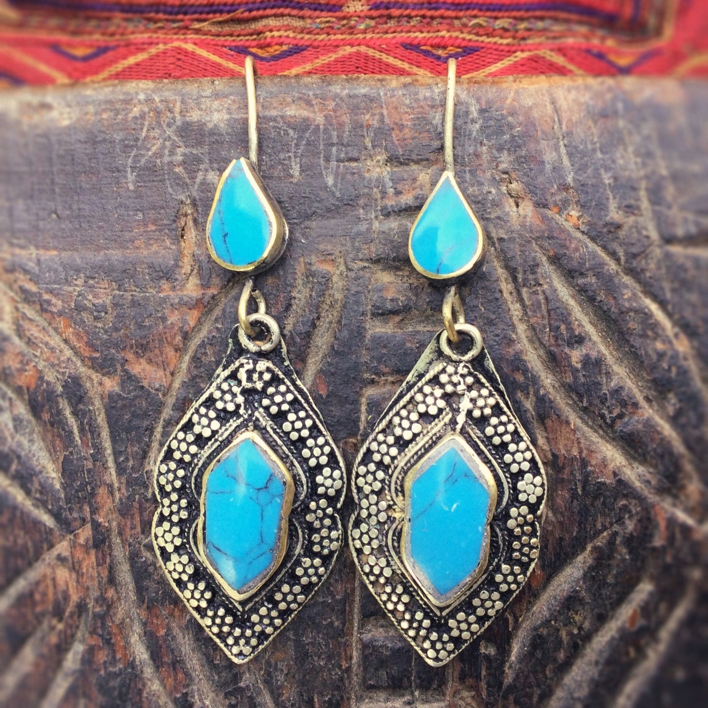 Boucles d'oreilles turquoise afghanes indiennes - Bijou ethnique tribal oriental