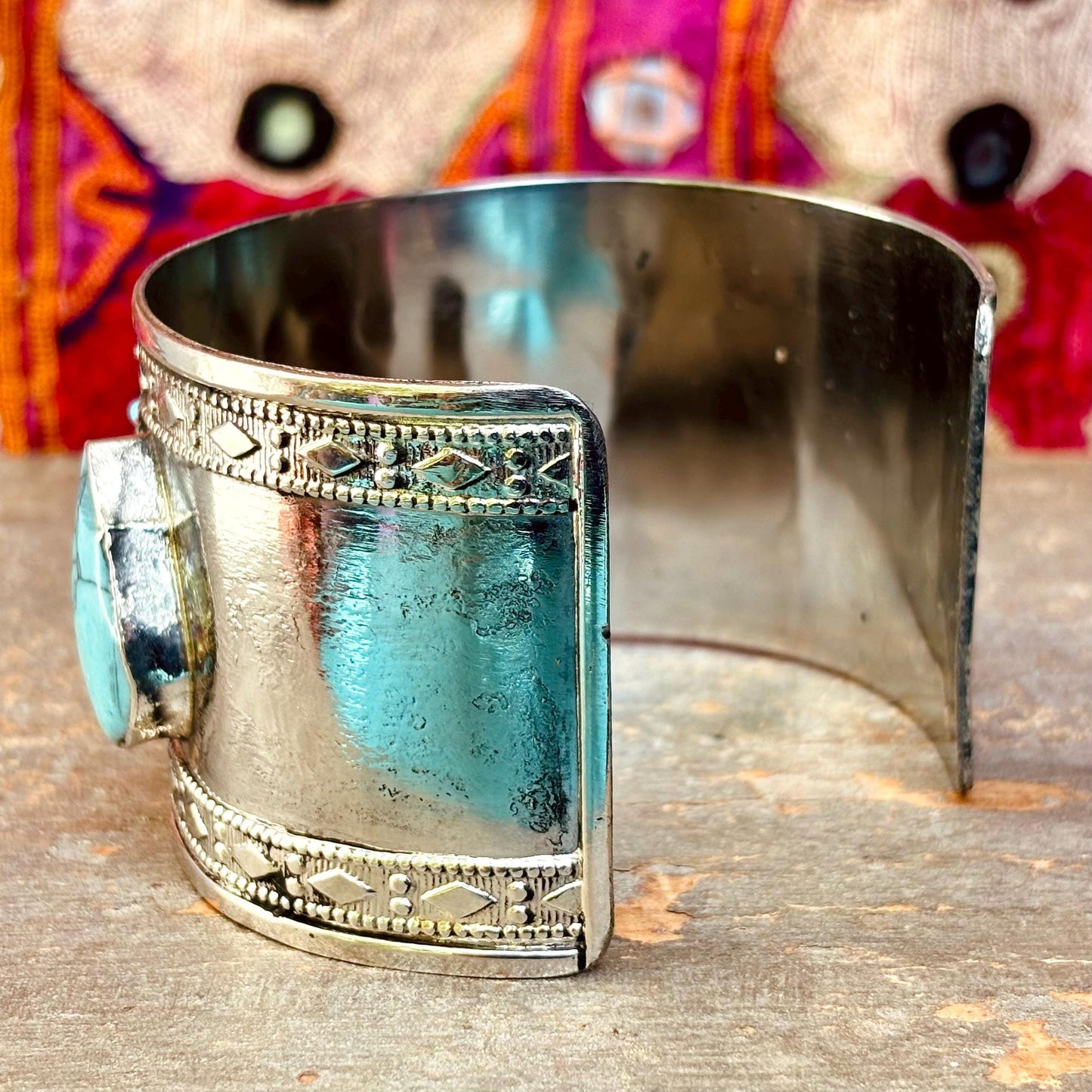Bracelet manchette argenté turquoise - Bijou ethnique turkmène artisanal boho