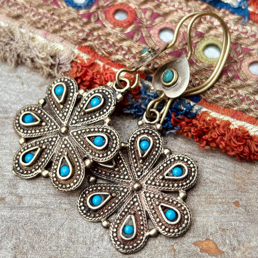 Boucles d’oreille orientales, tribales, vintage, Bijoux Afghans ethniques fleur, Boucles dorées et bleues, Cadeau pour femme, Bohème Rétro